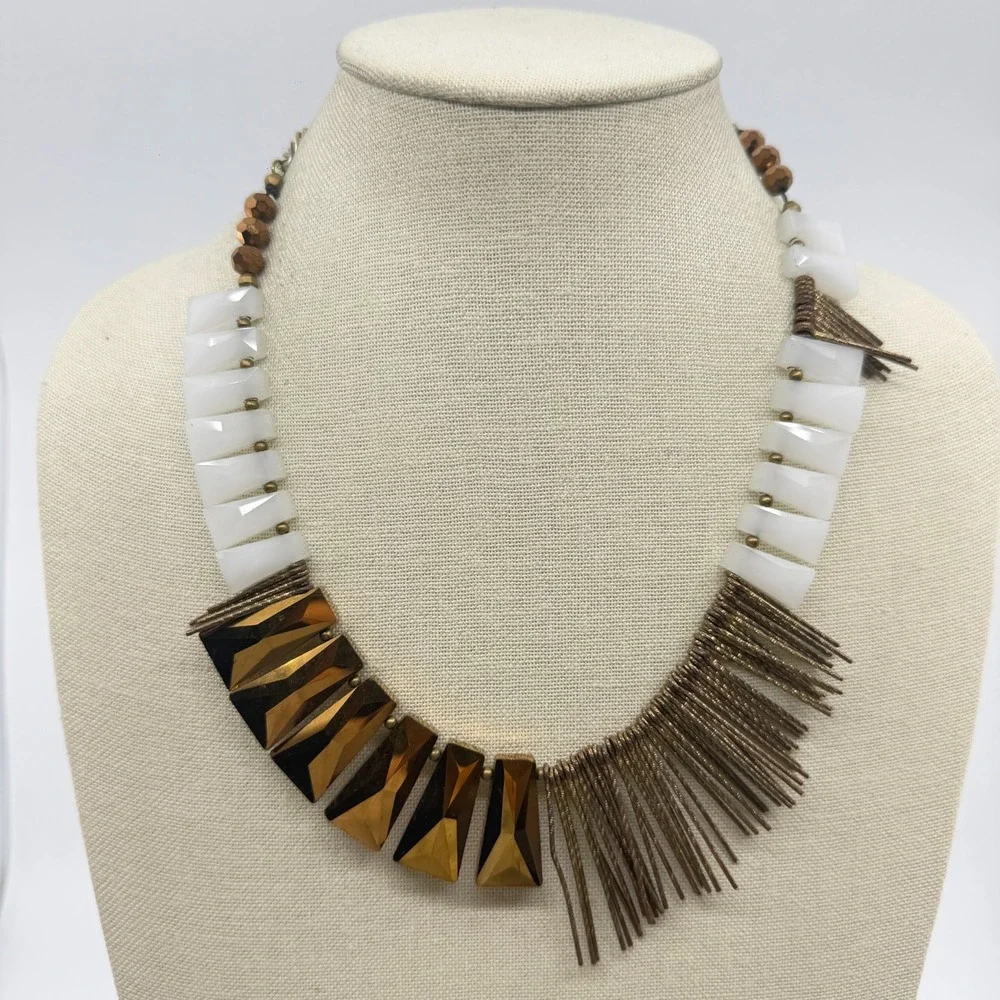 Bronze Tone  White  Geometric Bead Fringe Bib Necklace Boho Statement Jewelry